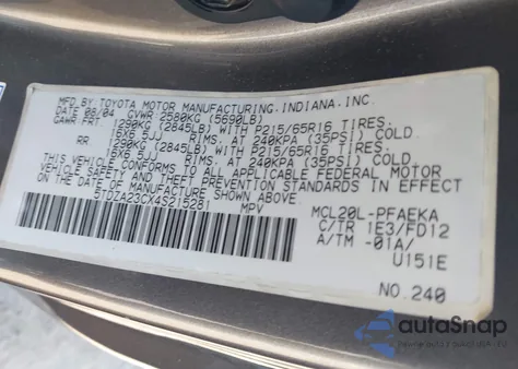 2004 Toyota Sienna Ce из США, поврежденный, VIN 5TDZA23CX4S215281